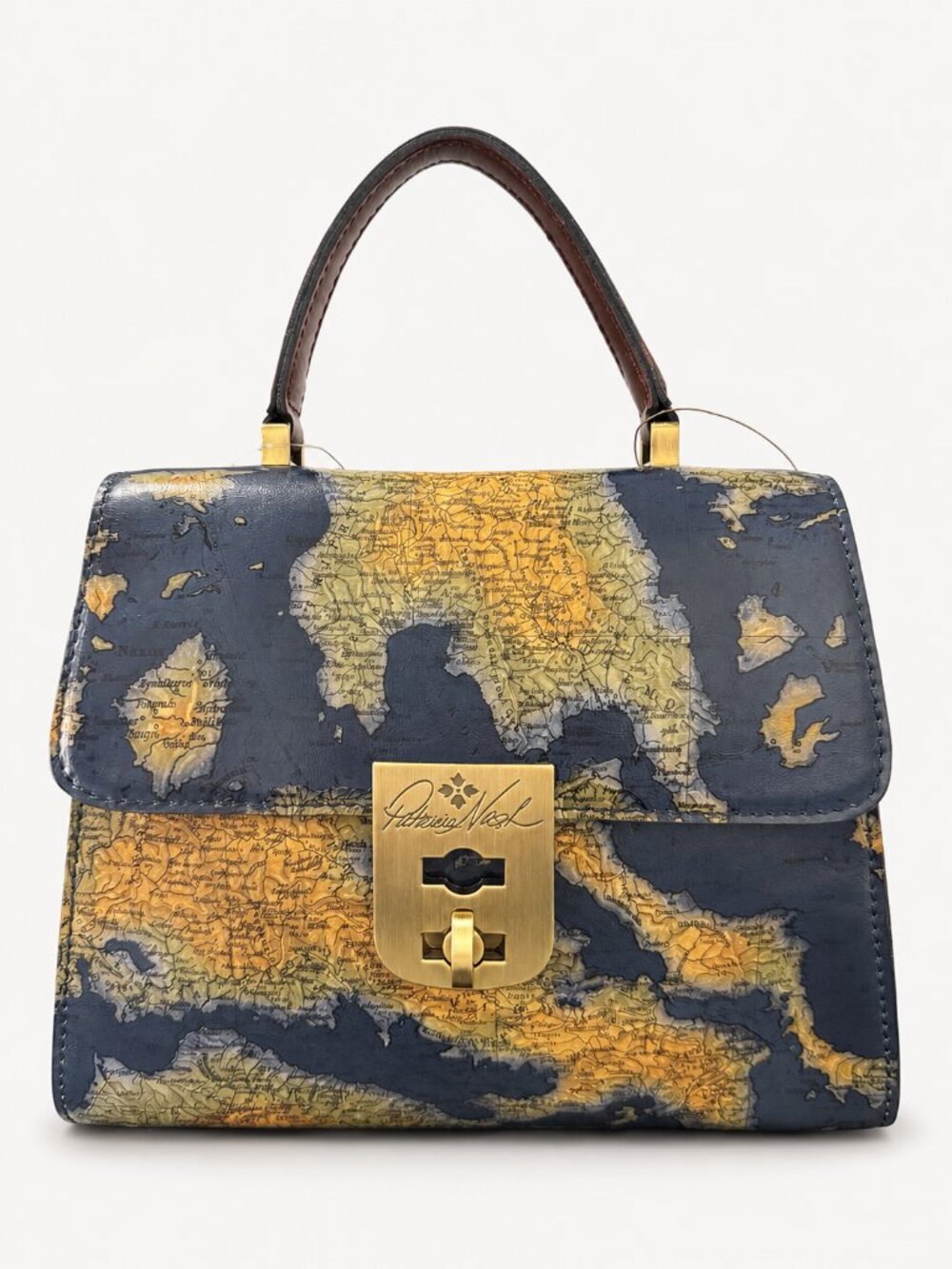 PATRICIA NASH Leather Chauny Satchel Handbag Xbody Greek Map Print Navy Yellow
